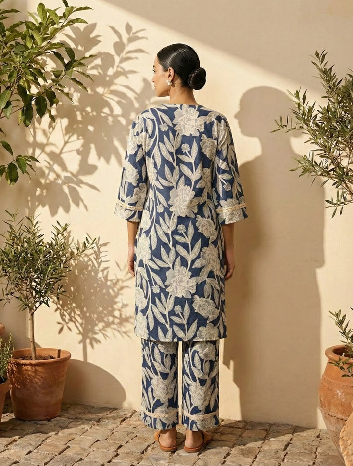 Navy Blue Floral Print Kurta Co-Ord Set | SHOBITAM