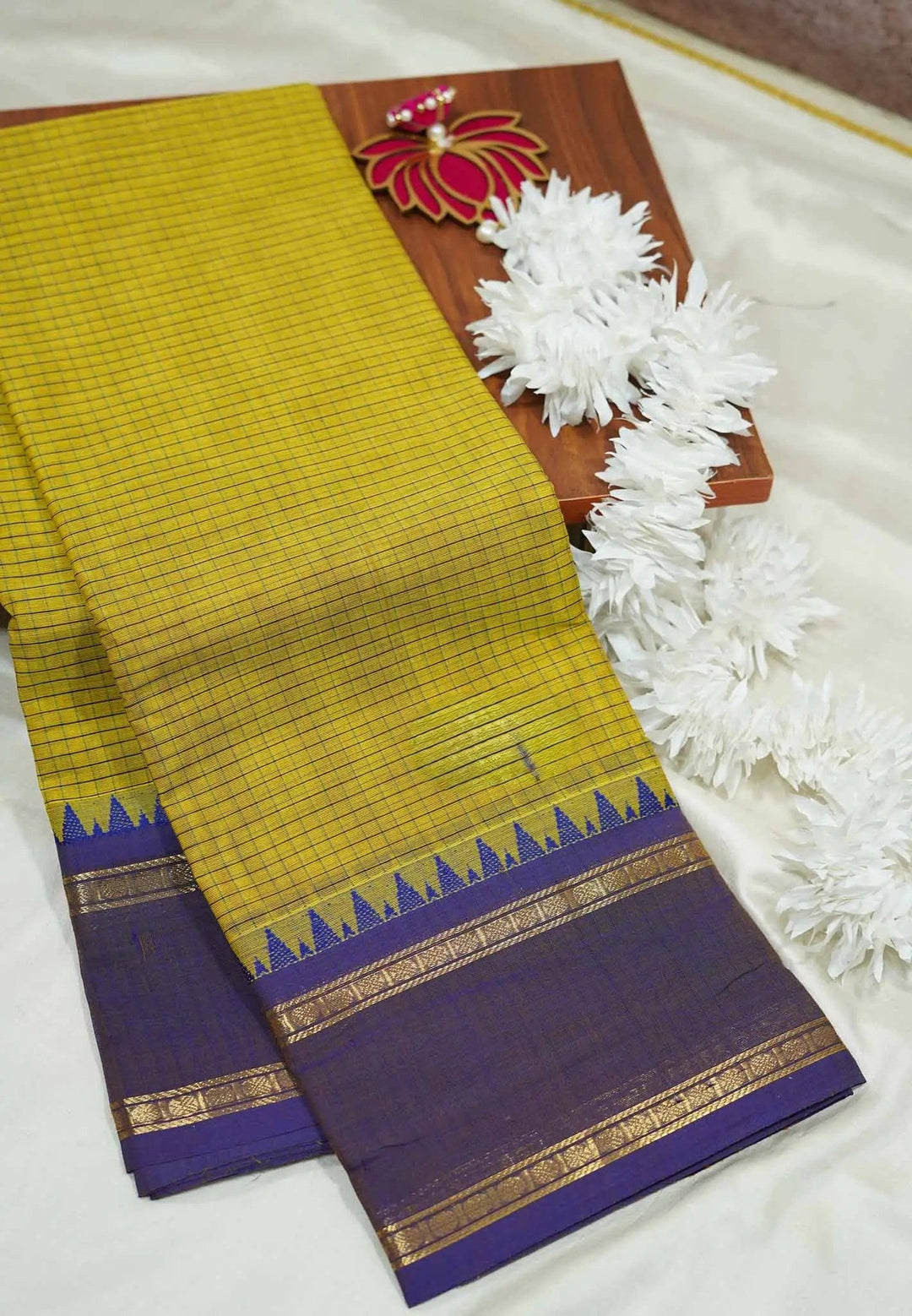 Moss Green Karthigai mercerized cotton rettapeta border with muthu kattam | SHOBITAM