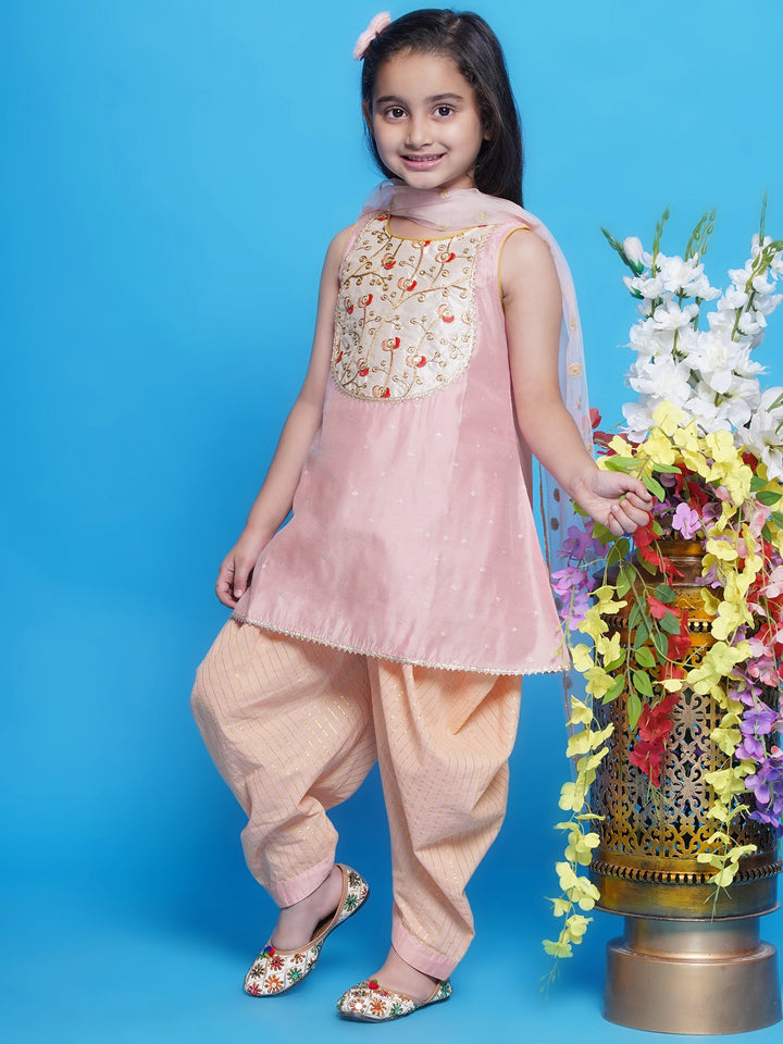 Chanderi Silk Tulip Kurta with Dhoti Salwar & Dupatta - Peachish Pink | SHOBITAM