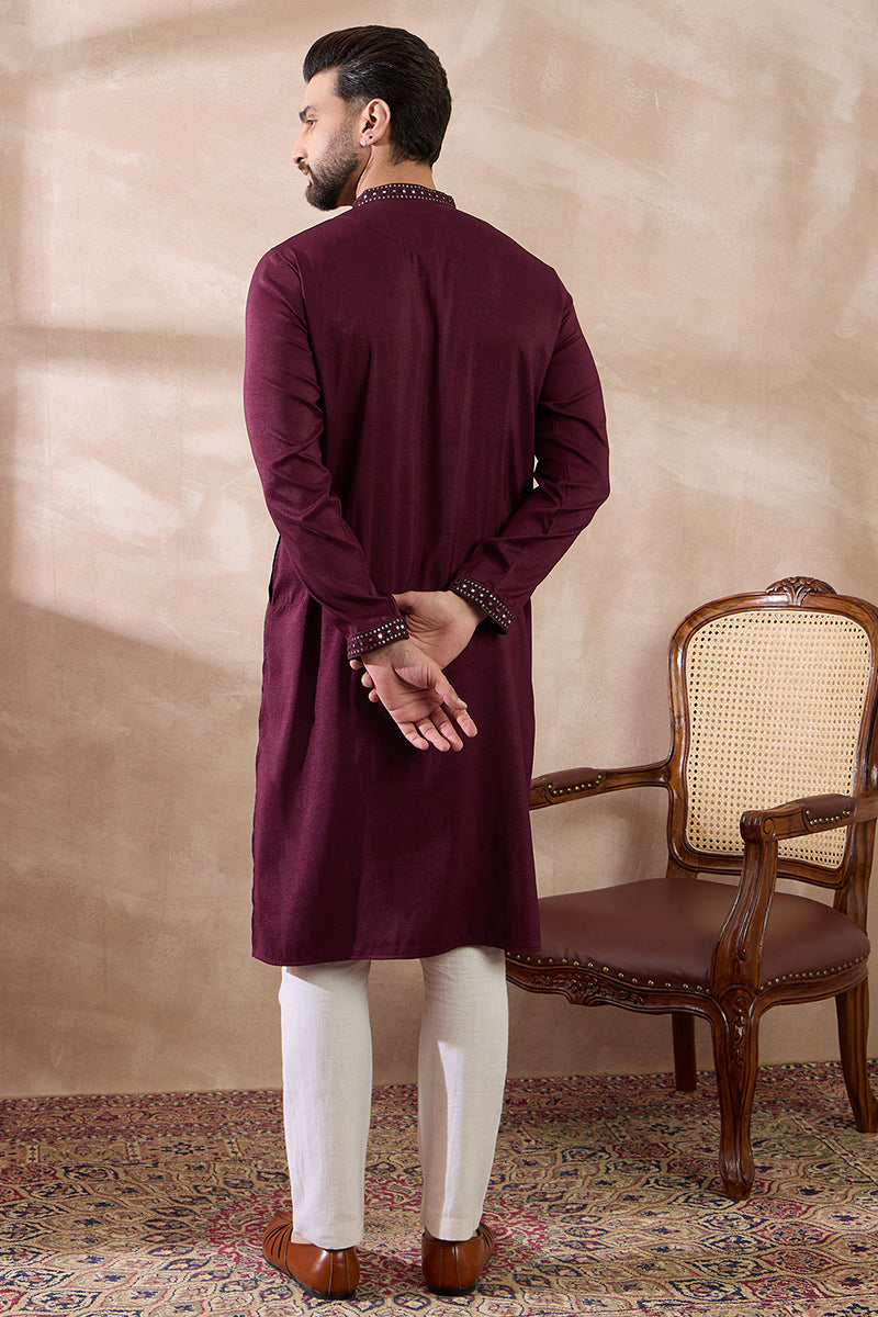 Purple Silk Blend Embroidered Mandarin Collar Straight Kurta For Men | SHOBITAM