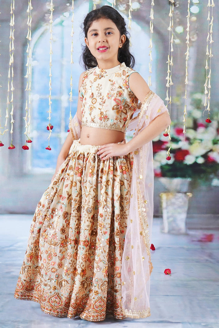 Girls Floral Embrodiery Lehenga with Blouse and Lacework Dupatta | SHOBITAM
