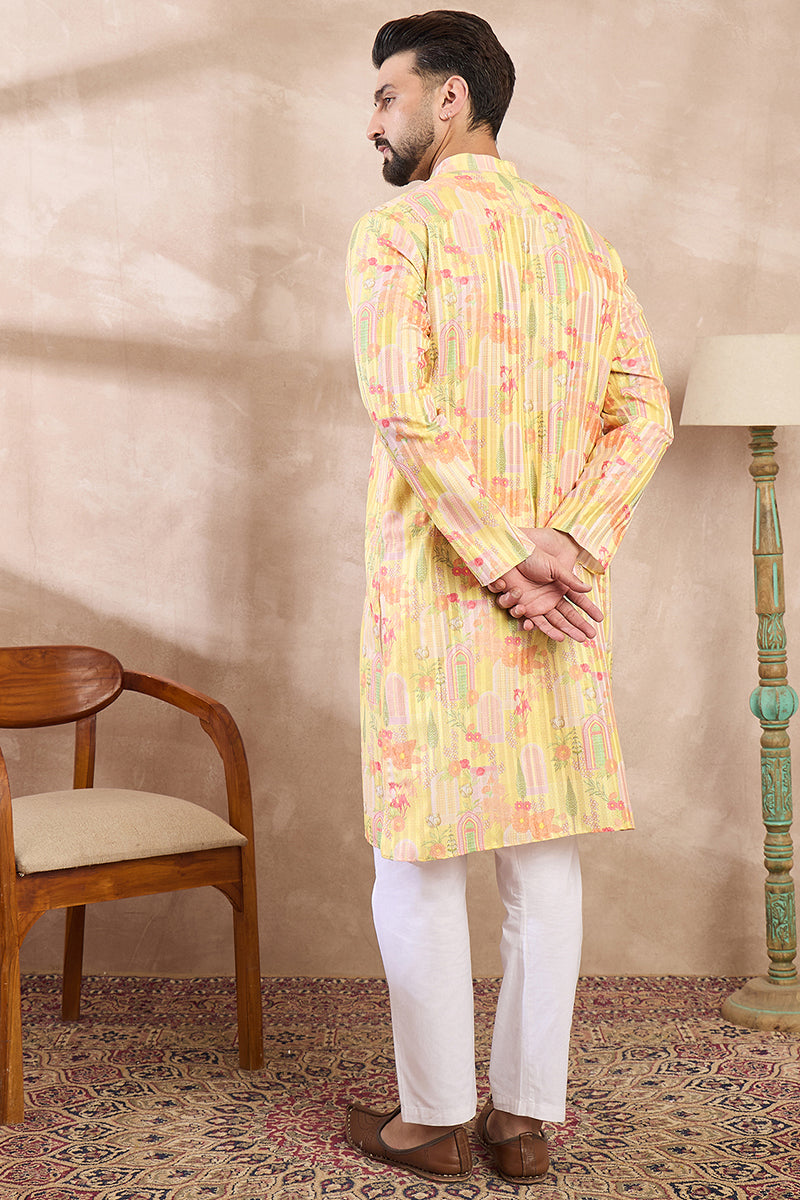 Yellow Silk Blend Abstract Printed Straight Kurta For Men | SHOBITAM