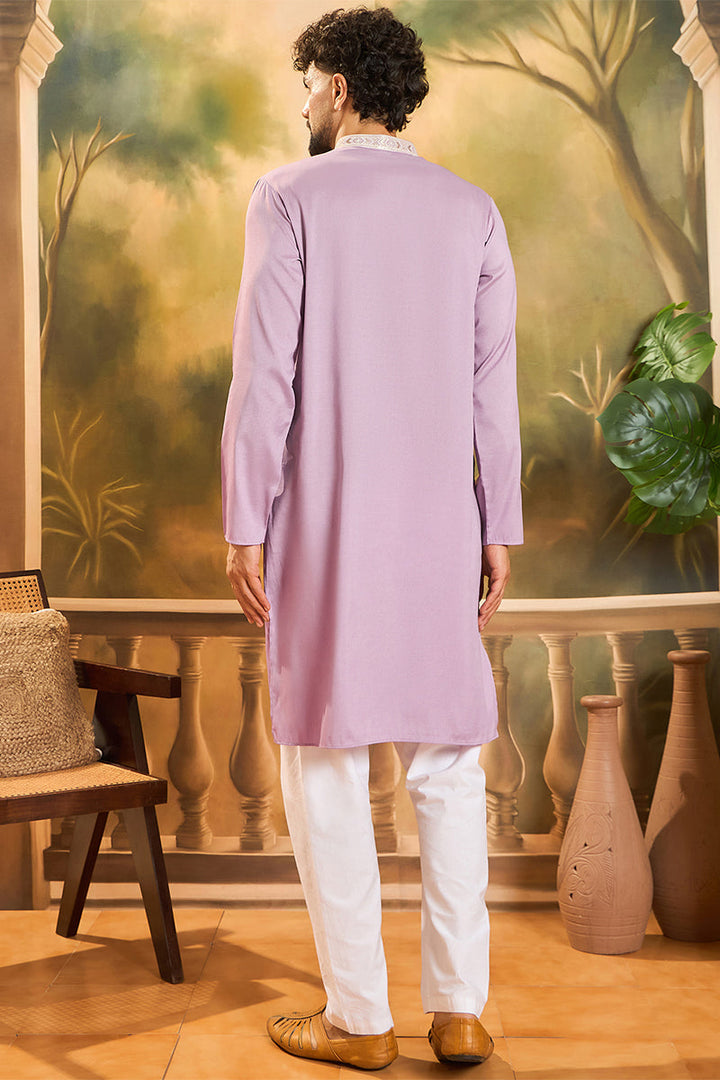 Lavender Silk Blend Solid Embroidered Straight Kurta with Trouser | SHOBITAM