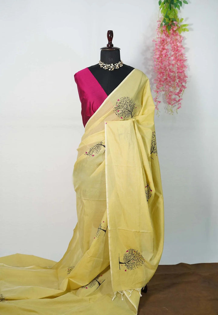 Butter Yellow Family Treehand block print Bamboo Cotton Saree | SHOBITAM