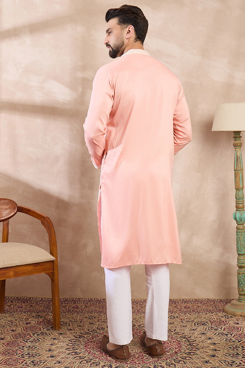 Pink Silk Blend Embroidered Mandarin Collar Straight Kurta  | SHOBITAM