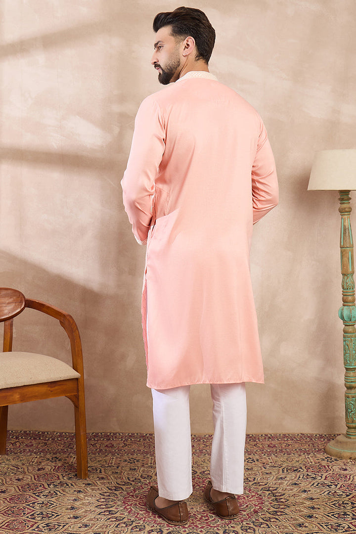 Pink Silk Blend Embroidered Mandarin Collar Straight Kurta  | SHOBITAM