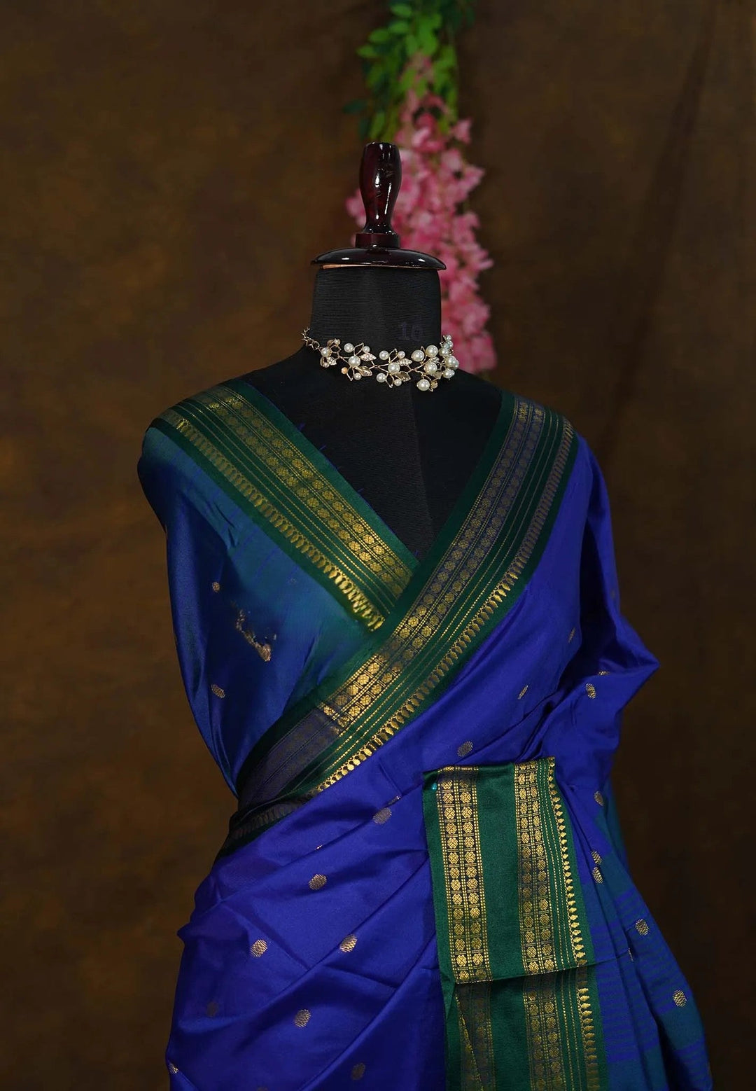 MS Blue Semi Cotton Silk Gadwal Saree with Rettapet Border with Buttas | SHOBITAM