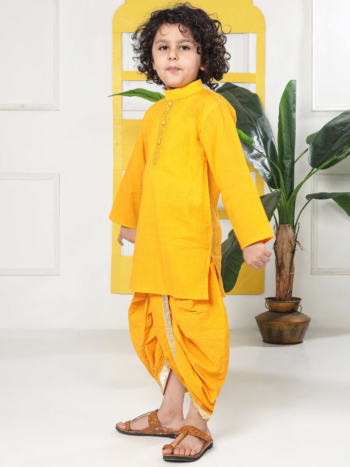 Yellow Minimal Zari Embroidery Cotton Kurta Dhoti set | SHOBITAM