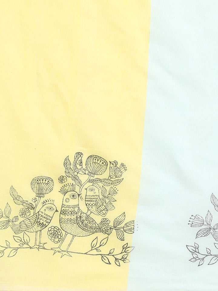 Handloom Sky Blue & Yellow Cotton Bird Print Saree