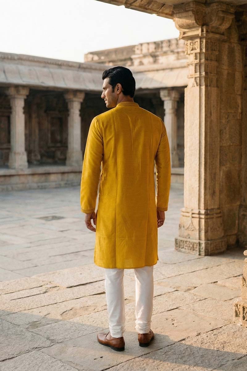 Yellow Silk Blend Embroidered Straight Kurta | SHOBITAM
