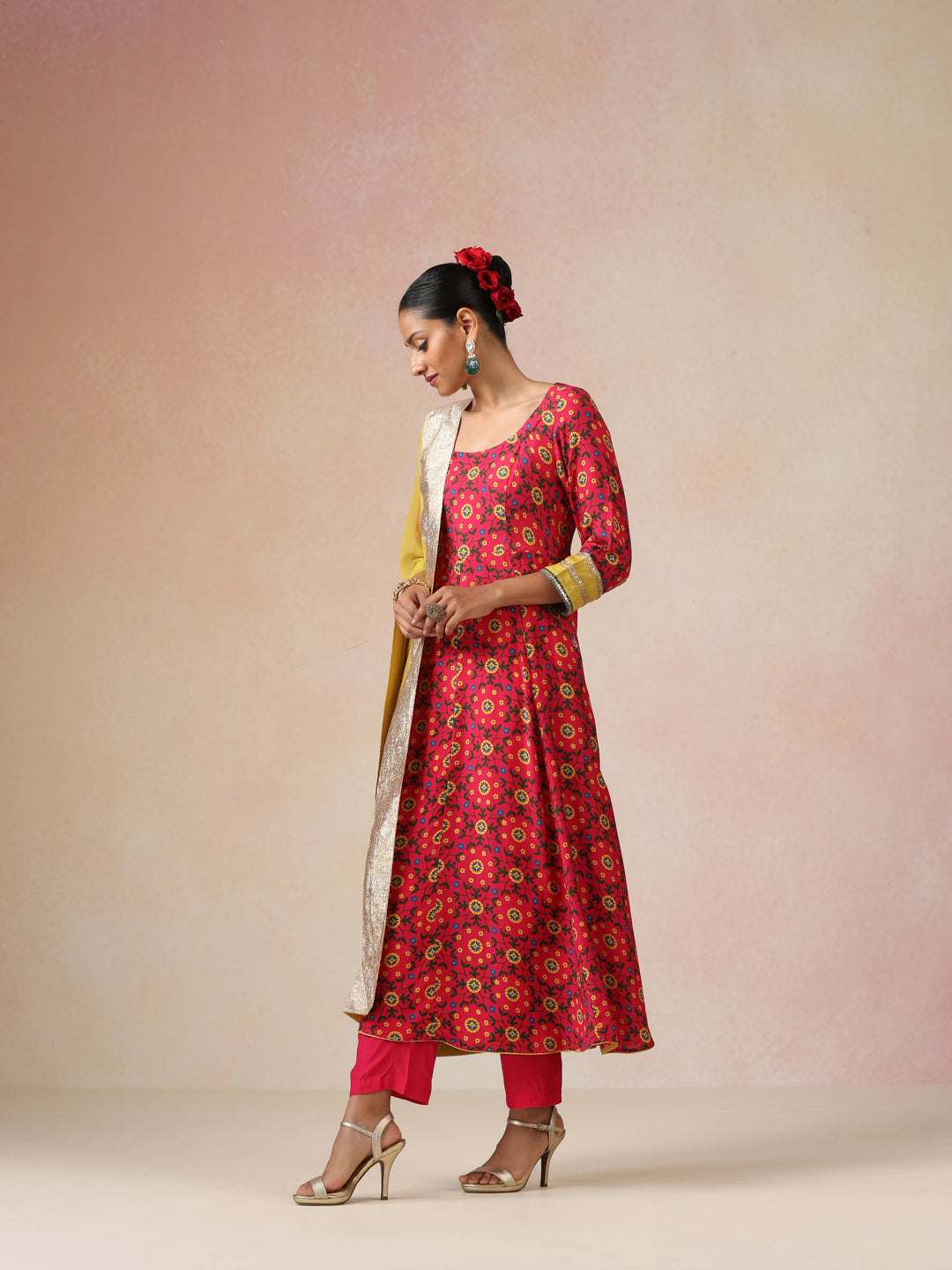 Pink Green Floral Print Viscose Anarkali Kurta Pants Dupatta Set | SHOBITAM