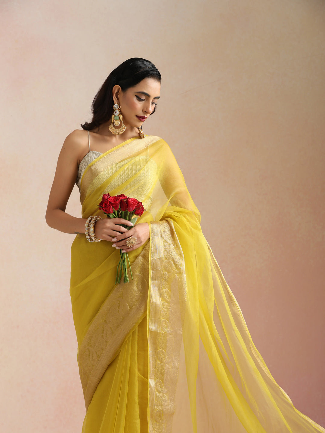 Lime Organza Saree With Unstitched Blouse| SHOBITAM