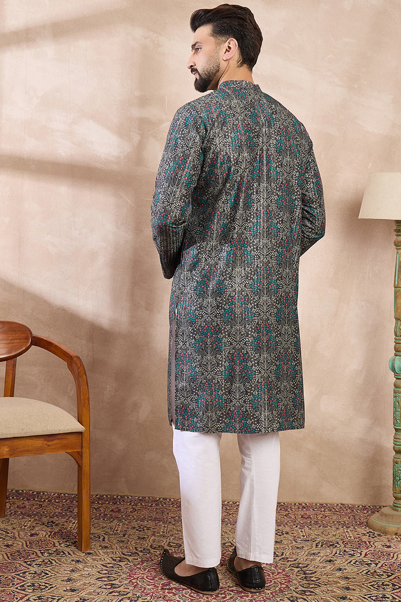 Black Silk Blend Floral Printed Straight Kurta With Trouser | SHOBITAM