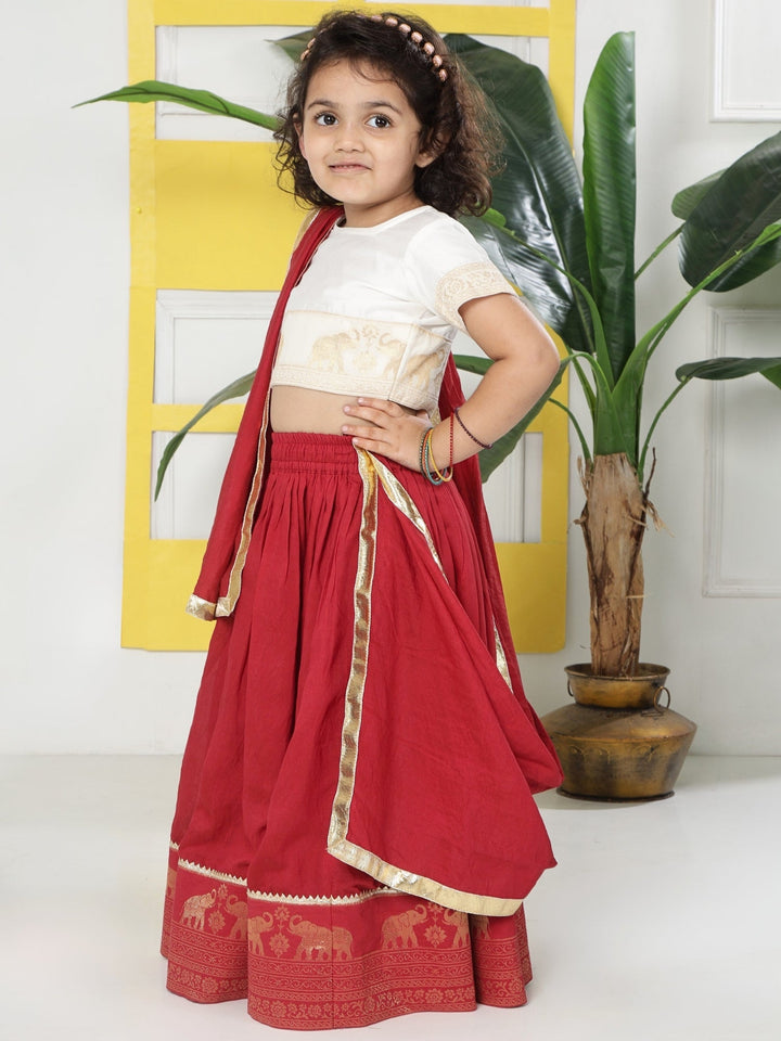 Red Elephant Zari Embroidery Chanderi Cotton Lehenga with Stitched Cream Blouse Set | SHOBITAM