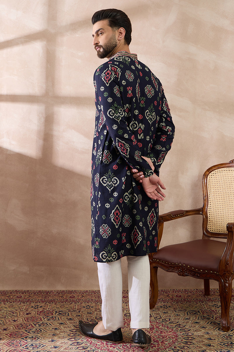 Blue Silk Blend Printed Mandarin Collar Straight Kurta With Trouser | SHOBITAM