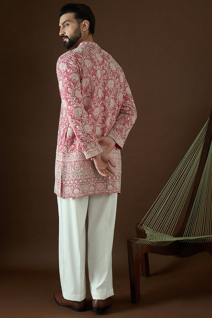 Pink Georgette Solid Embroidered Straight Kurta | SHOBITAM