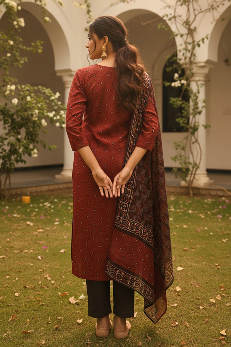 Red Cotton Blend Geometric Printed Straight Kurta Trousers With Dupatta  | SHOBITAM