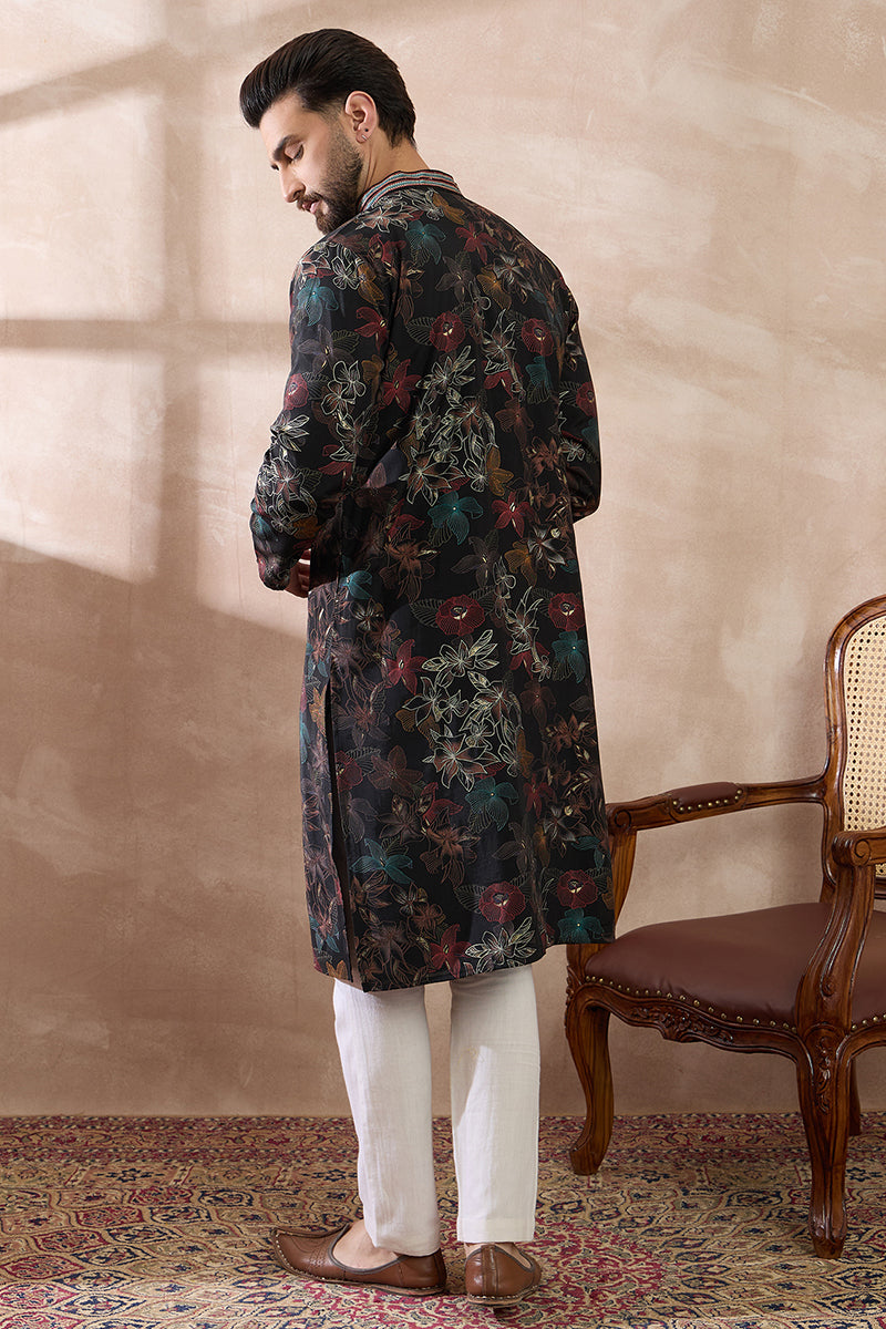 Black Silk Blend Printed Mandarin Collar Straight Kurta With Trouser | SHOBITAM