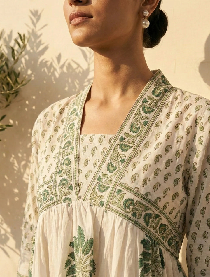 White Green Printed Anarkali Kurta Pant Dupatta Set | SHOBITAM