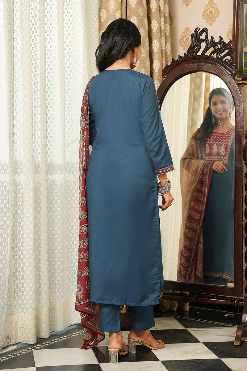 Blue Cotton Blend Ajrakh Printed Straight Kurta Trousers With Dupatta | SHOBITAM
