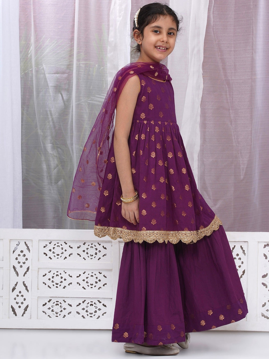 Girls Cotton Sleeveless Frock Style Kurta with Sharara and Dupatta with Golden Floral Zari Work - Purple| SHOBITAM