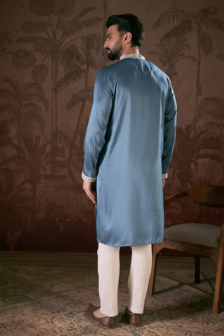 Blue Silk Blend Solid Embroidered Straight Kurta For Men | SHOBITAM
