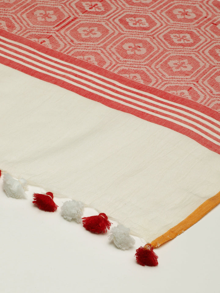New Cream Red Assamese Cotton Dupatta | SHOBITAM