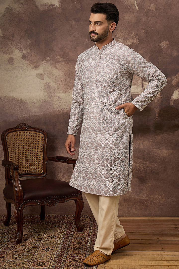 Mauve Viscose Rayon Solid Embroidered Straight Kurta with Trouser  | SHOBITAM