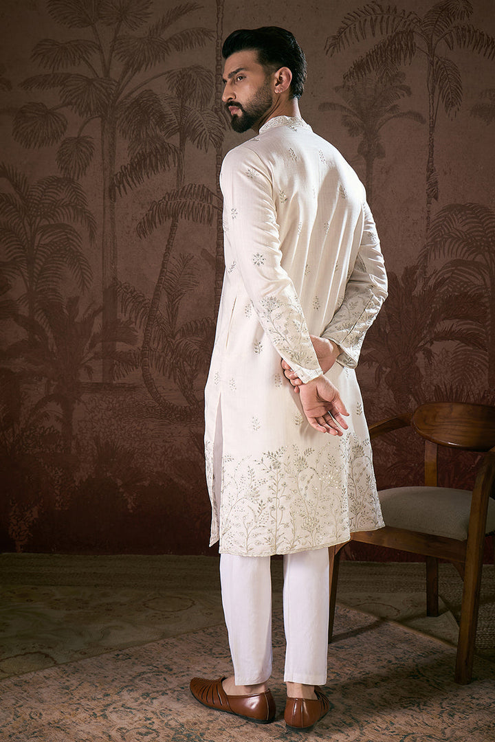 White Silk Blend Floral Embroidered Straight Kurta | SHOBITAM