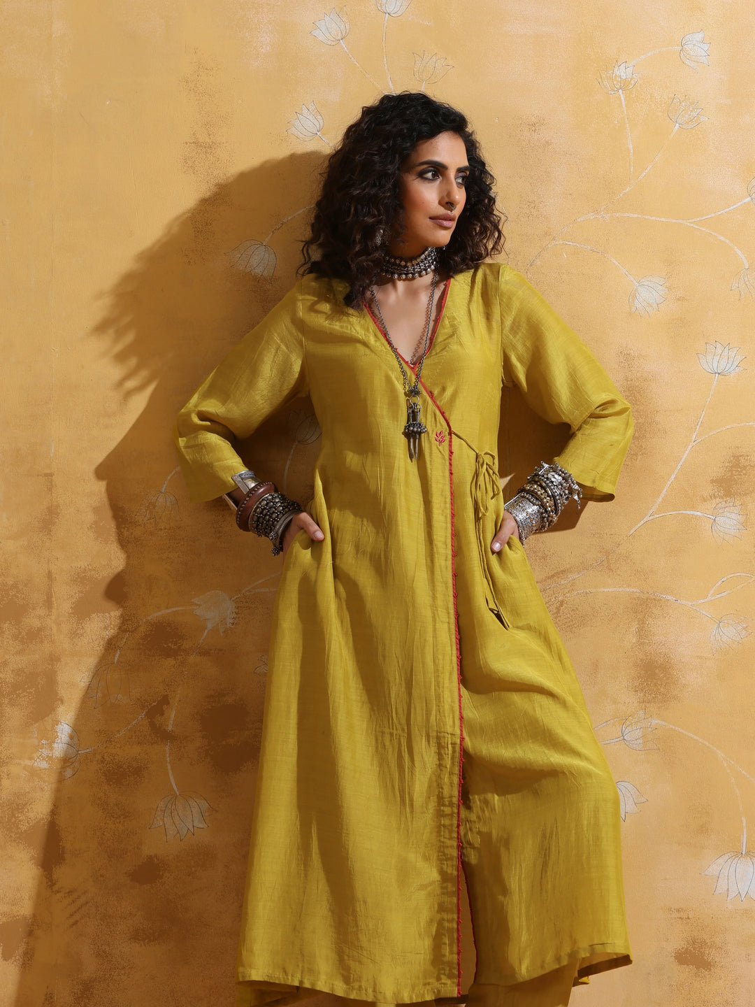 Lime Muslin Silk Angrakha Kurta Pant Set  | SHOBITAM