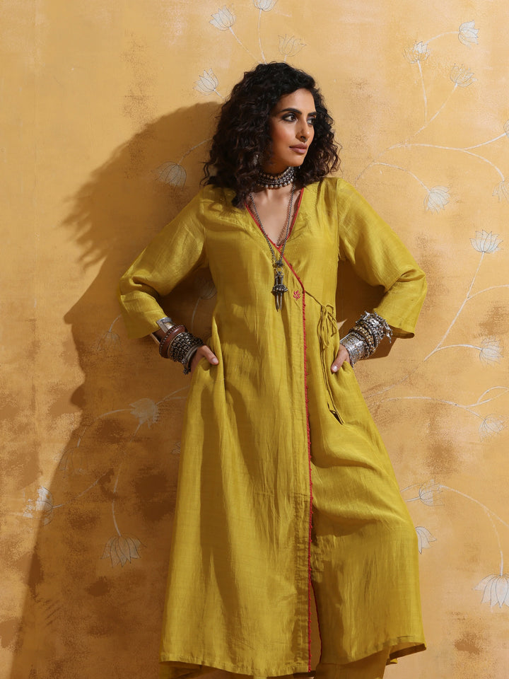 Lime Muslin Silk Angrakha Kurta Pant Set  | SHOBITAM
