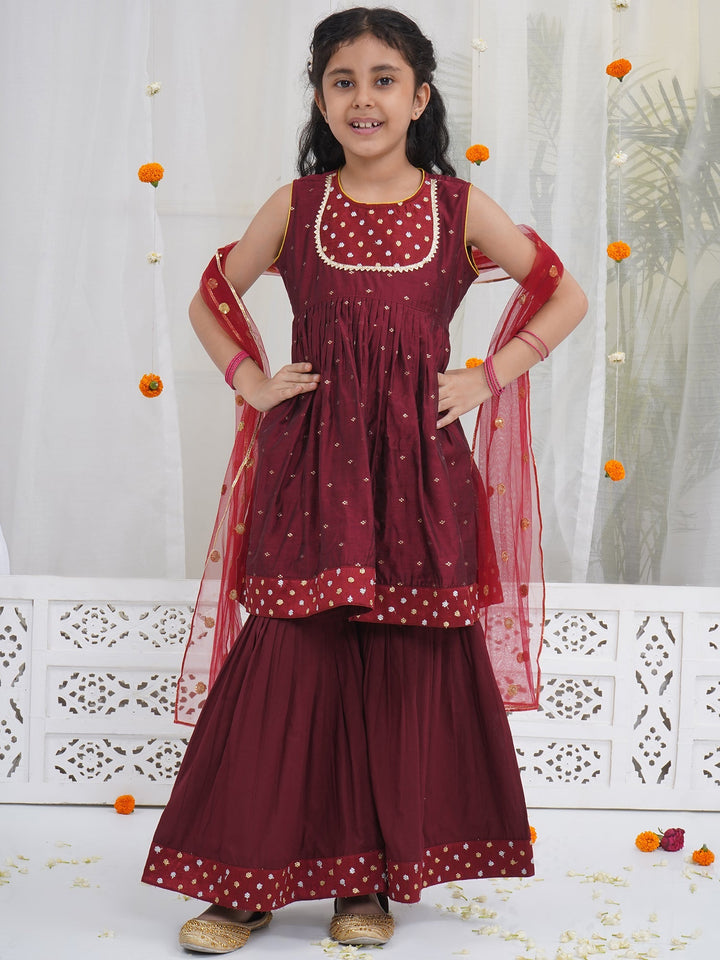 Girls Maroon Chanderi Semi-Silk Kurta Sharara Set with Dupatta and Cotton Lining | SHOBITAM