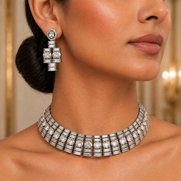 Silver & Gold CZ Baguette Collar Necklace Set with Geometric Drop Earrings | SHOBITAM