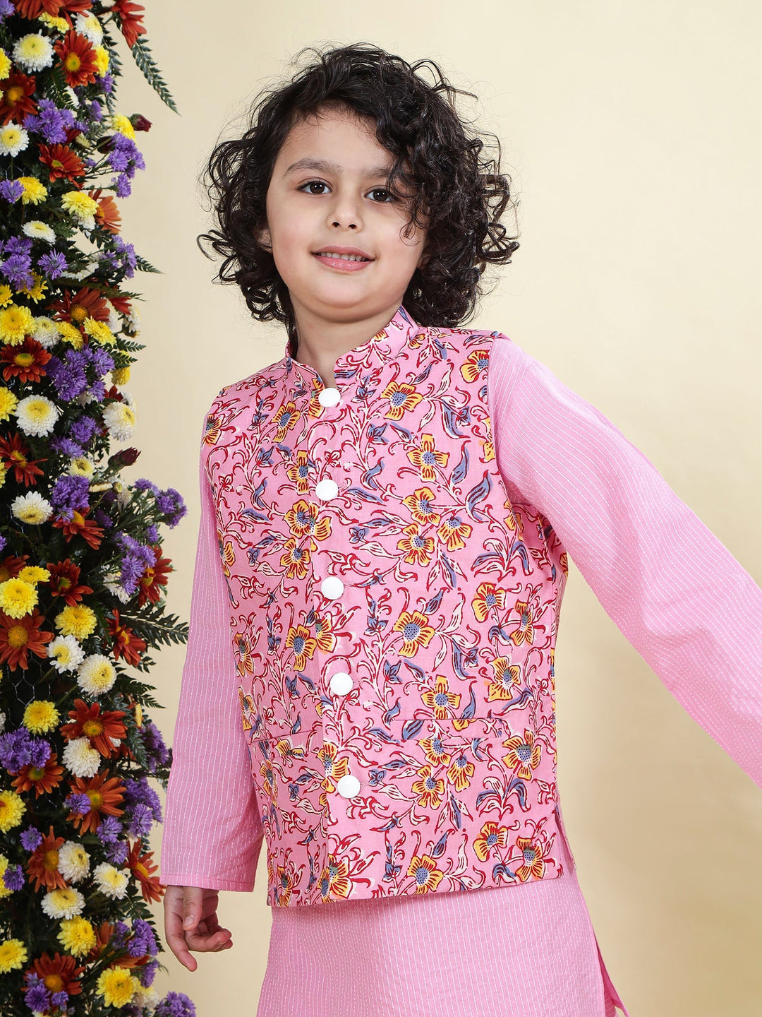 Pink Block Print Floral Nehru Jacket with Cotton Kurta Dhoti Set | SHOBITAM