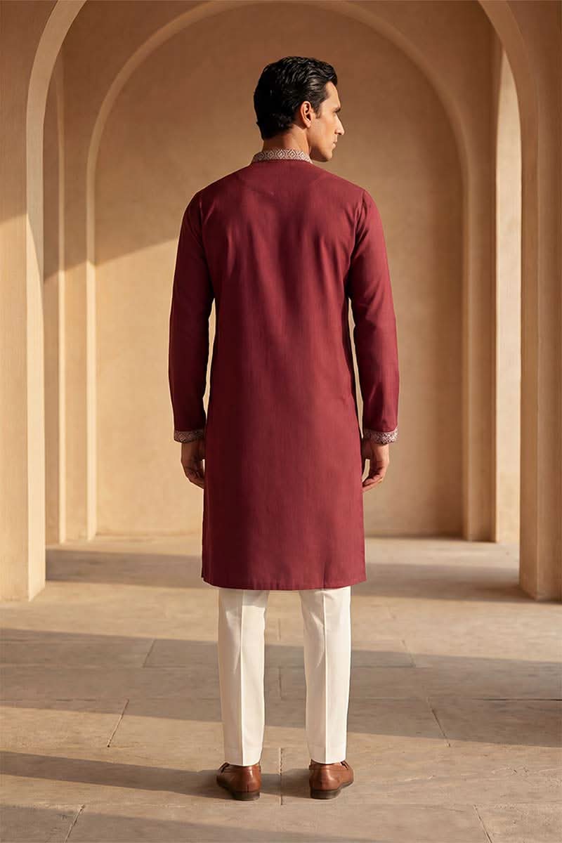 Silk Blend Maroon Solid Embroidered Calf Length Straight Kurta | SHOBITAM