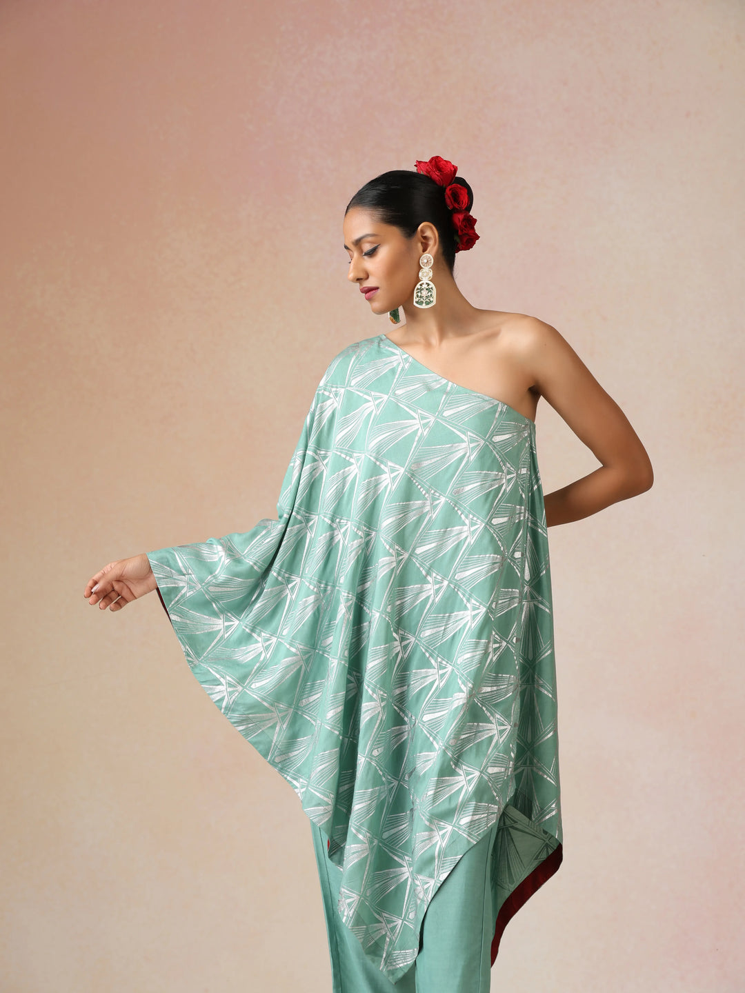 Mint Green Silver Foil Print Muslin Silk Asymmetric One-Shoulder Kurta Co-ord Set | SHOBITAM
