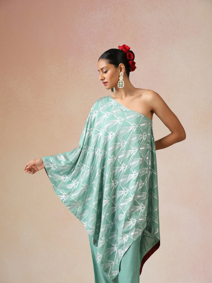 Mint Green Silver Foil Print Muslin Silk Asymmetric One-Shoulder Kurta Co-ord Set | SHOBITAM