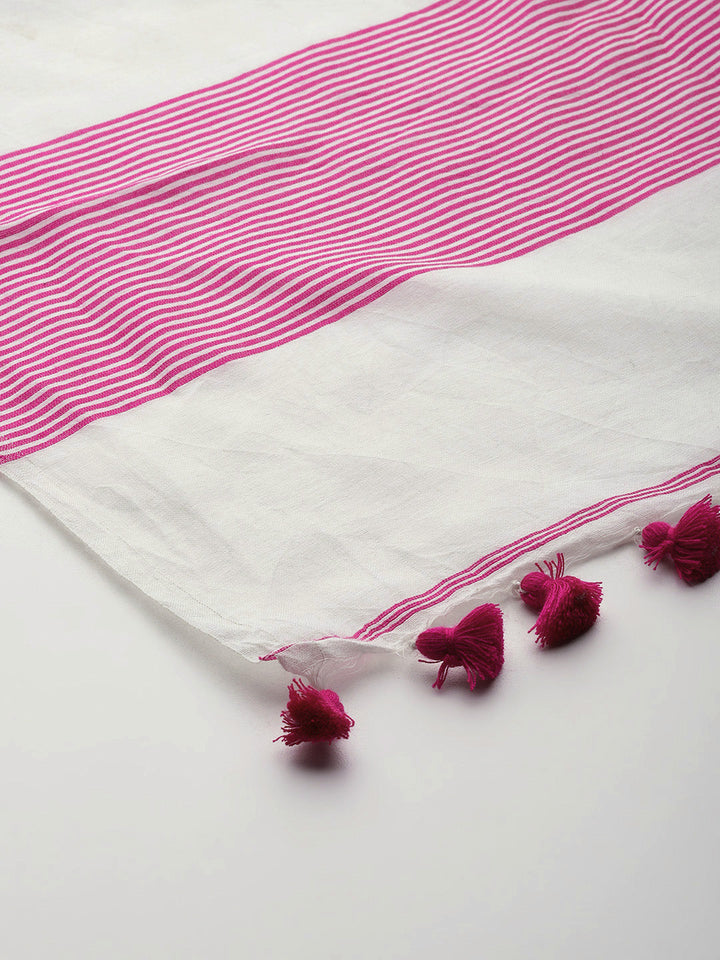 White & Pink Assamese Silk Cotton Handloom Dupatta | SHOBITAM