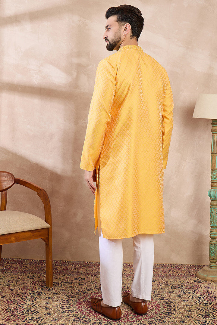 Yellow Silk Blend Solid Embroidered Straight Kurta | SHOBITAM