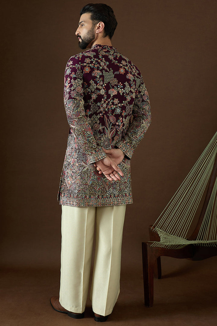 Wine Georgette Solid Embroidered Straight Kurta | SHOBITAM