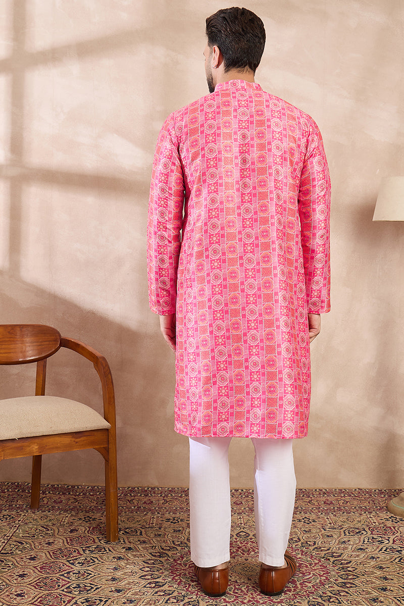 Pink Silk Blend Ethnic Motifs Printed Straight Kurta With Trouser | SHOBITAM