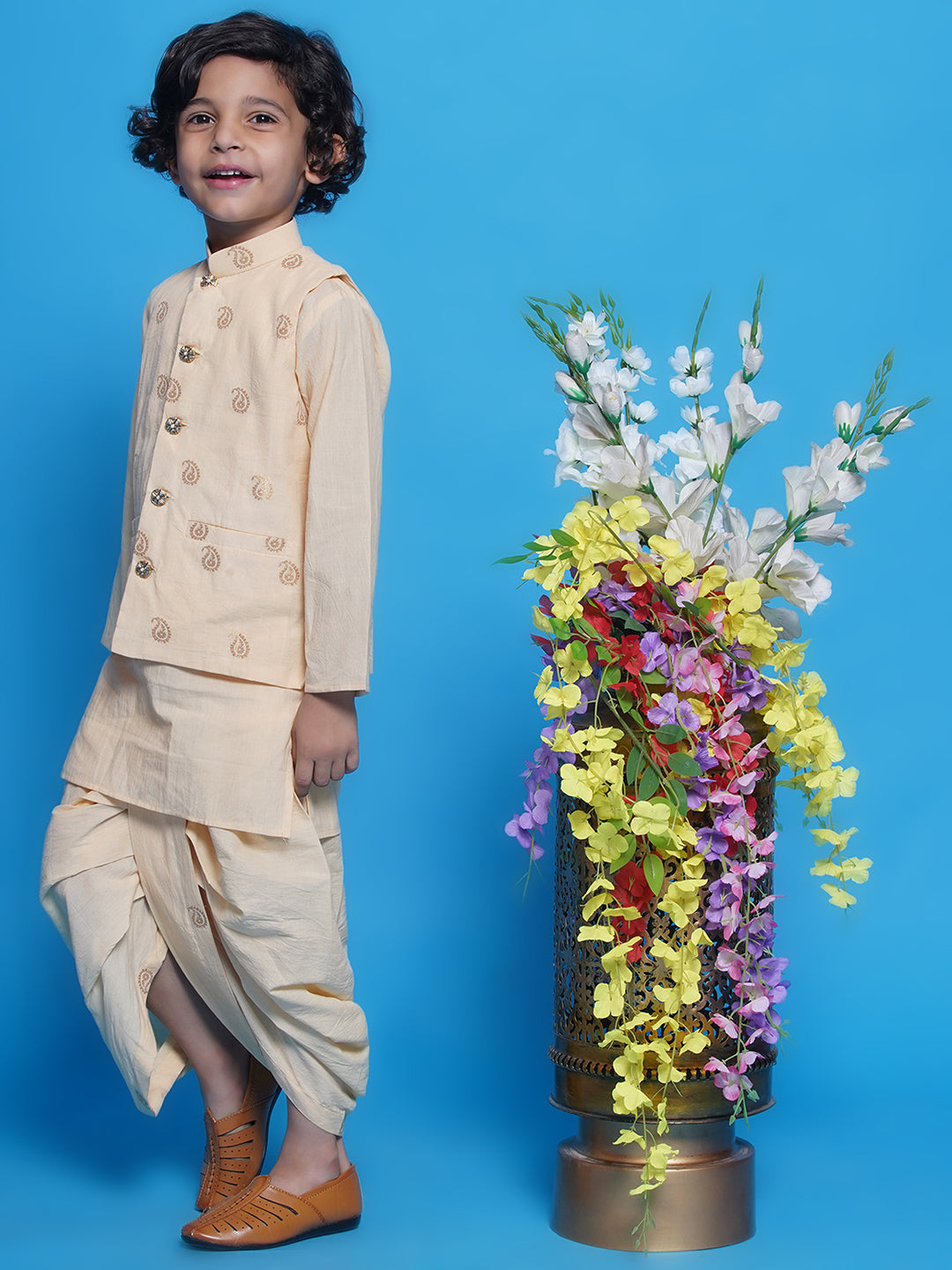 Boys Cotton Sleevelees Golden Ambi Embrodiery Nehru Jacket with Kurta and Dhoti - Seashell Cream | SHOBITAM