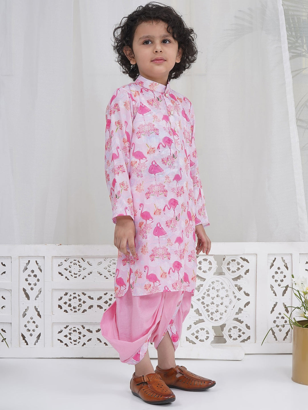 Boys Pink Muslin Flamingo Dhoti Kurta Set | SHOBITAM
