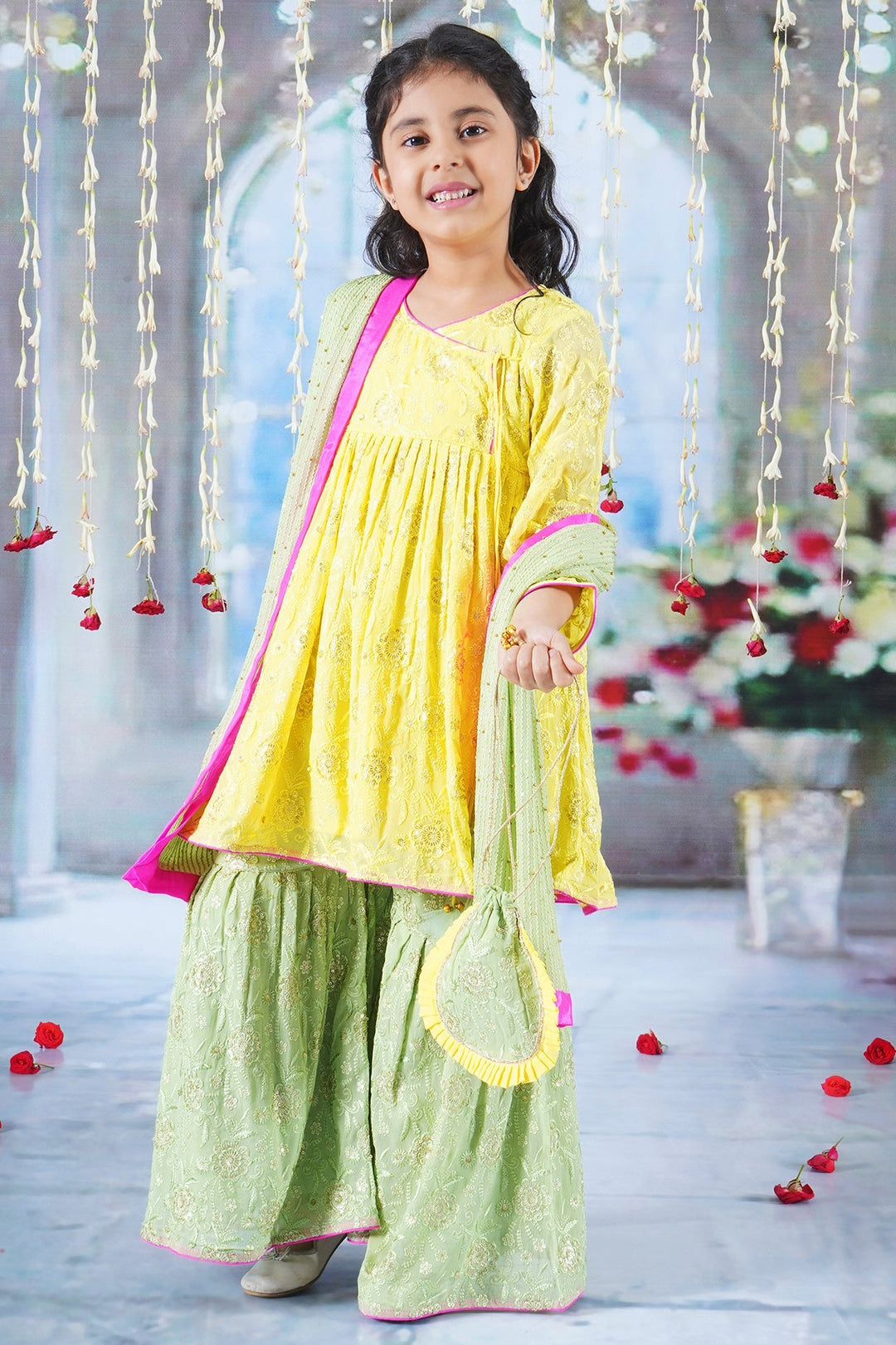 Girls Floral Embrodiery Angrakha Kurta with Sharara, Dupatta and Hand made Potli with Ghungroo work Tassel | SHOBITAM