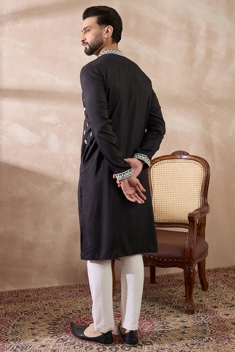 Black Silk Blend Embroidered Mandarin Collar Straight Kurta With Trouser | SHOBITAM