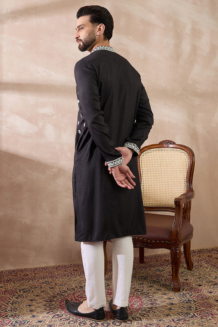Black Silk Blend Embroidered Mandarin Collar Straight Kurta With Trouser | SHOBITAM