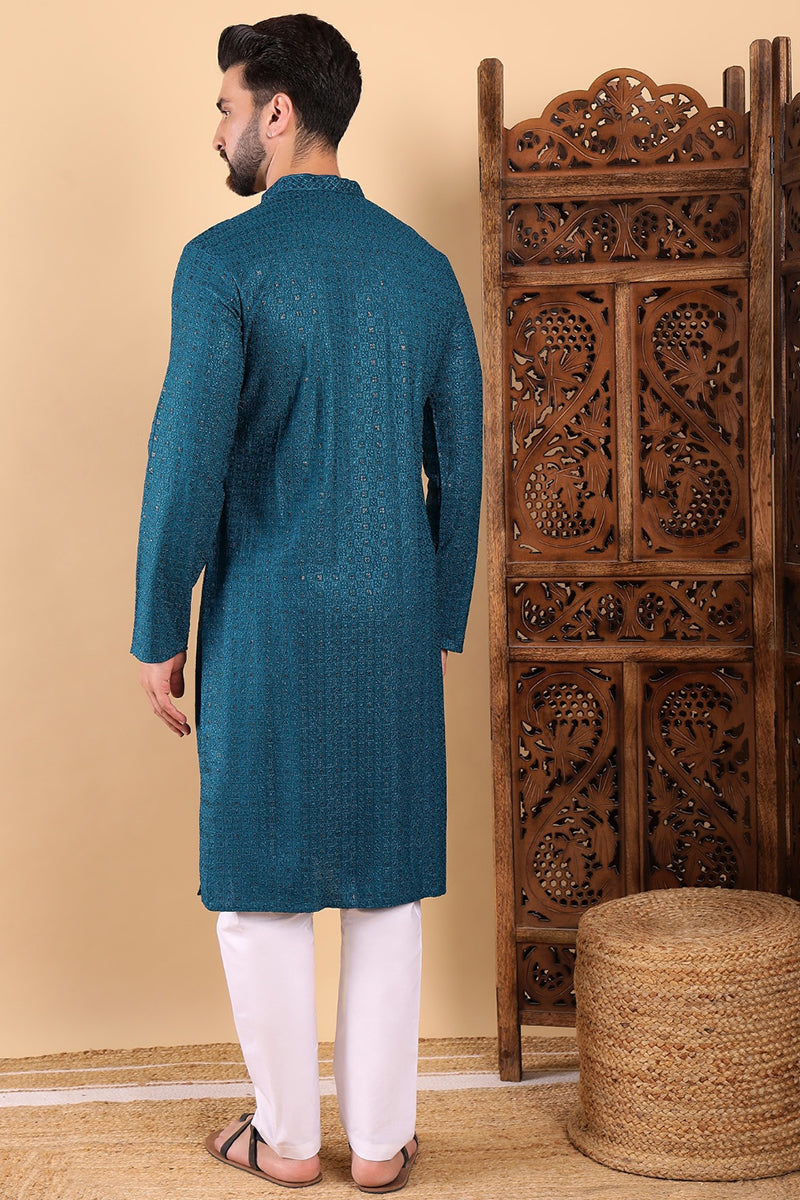 Teal Viscose Rayon Solid Embroidered Straight Kurta For Men| SHOBITAM