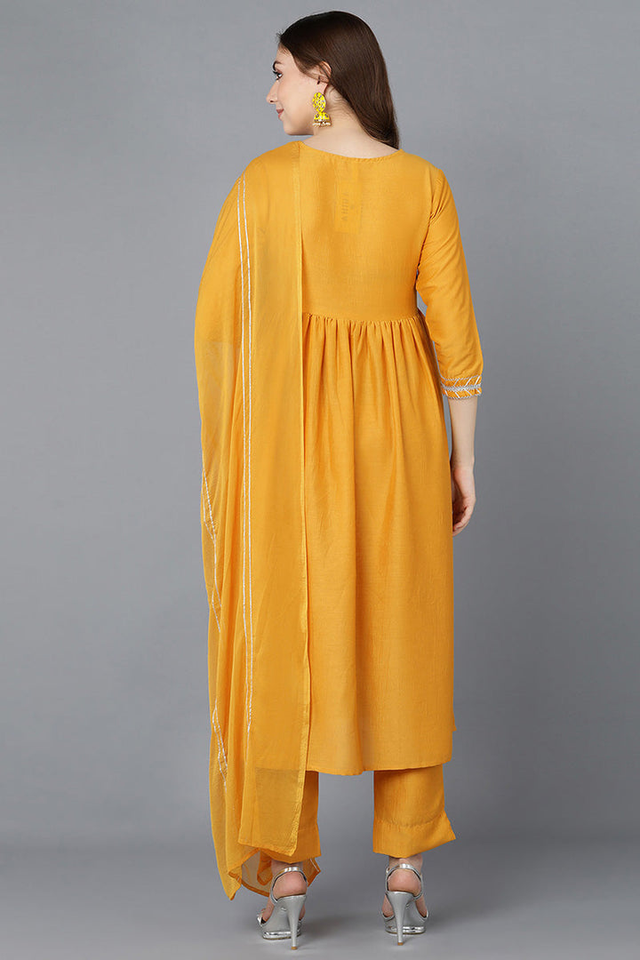 Mustard Poly Silk Flared Suit Set | SHOBITAM