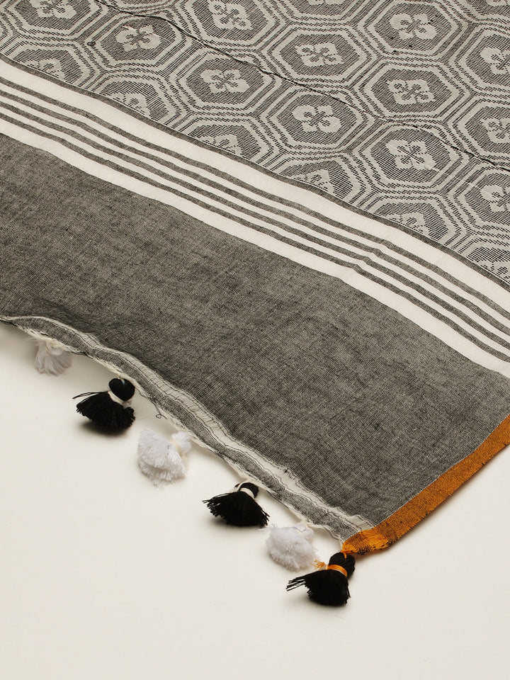 Grey White Toned Assamese Cotton Dupatta | SHOBITAM
