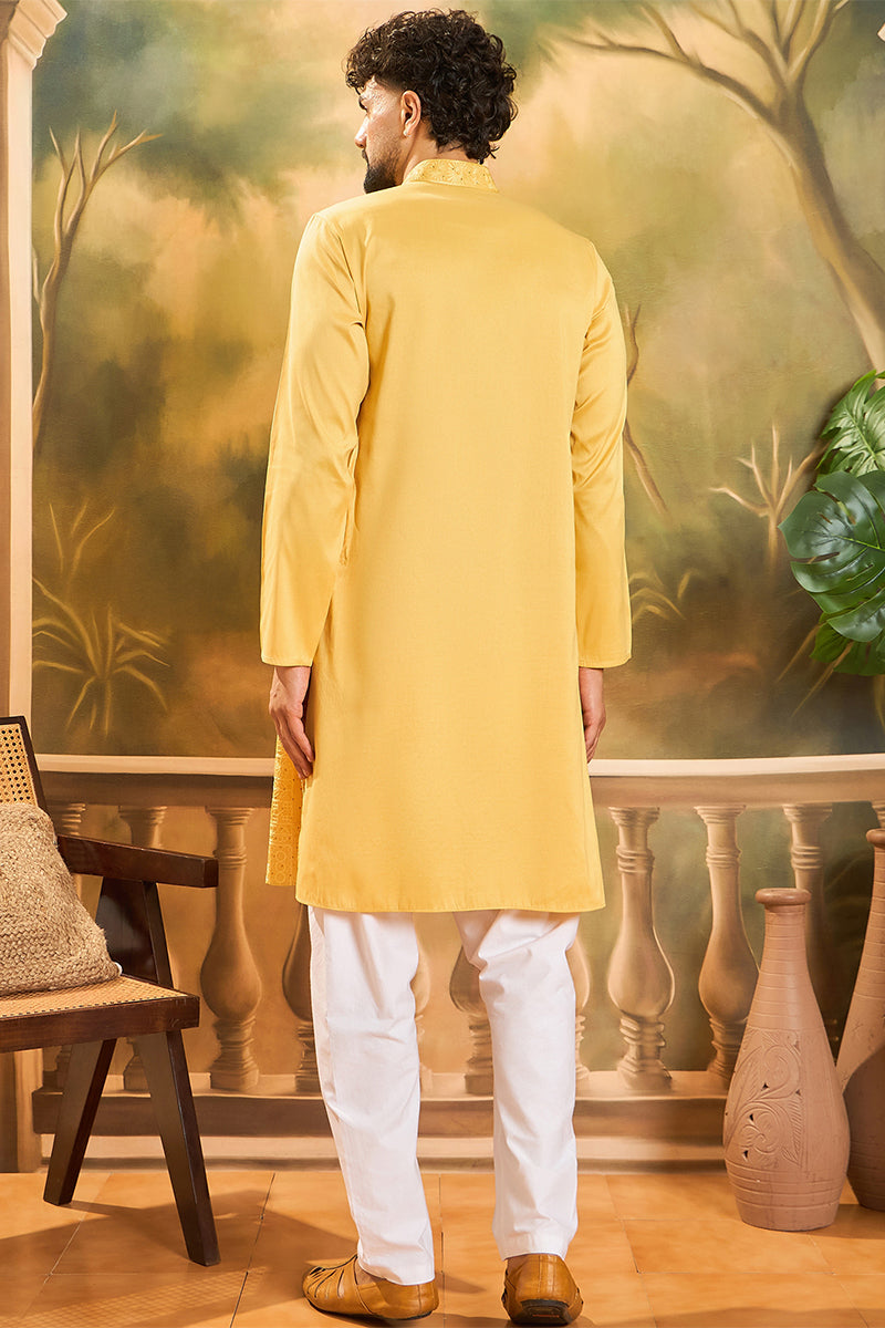 Yellow Silk Blend Solid Embroidered Straight Kurta | SHOBITAM